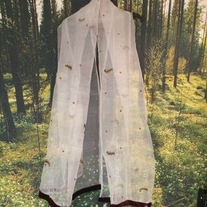 Vintage cream raw silk tissue embroidered scarf